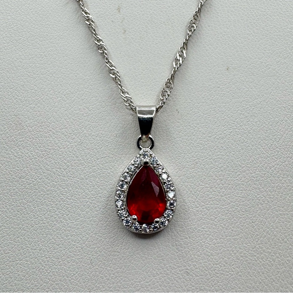 New Silver Plated Red Teardrop CZ Pendant Necklace 18”